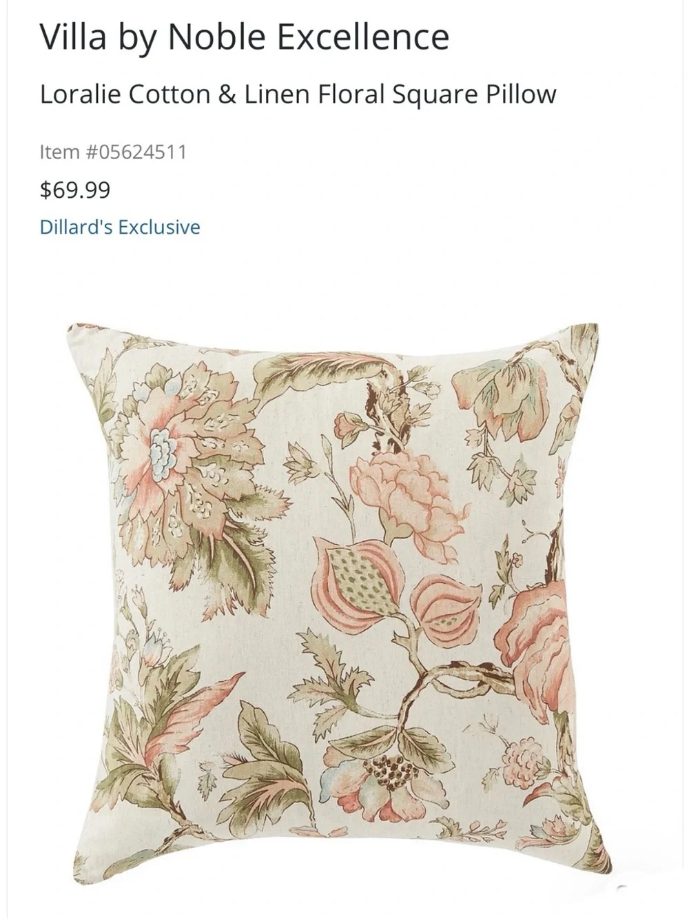 Villa by Noble Excellence 2 Loralie Cotton and Linen Floral Square Pillows